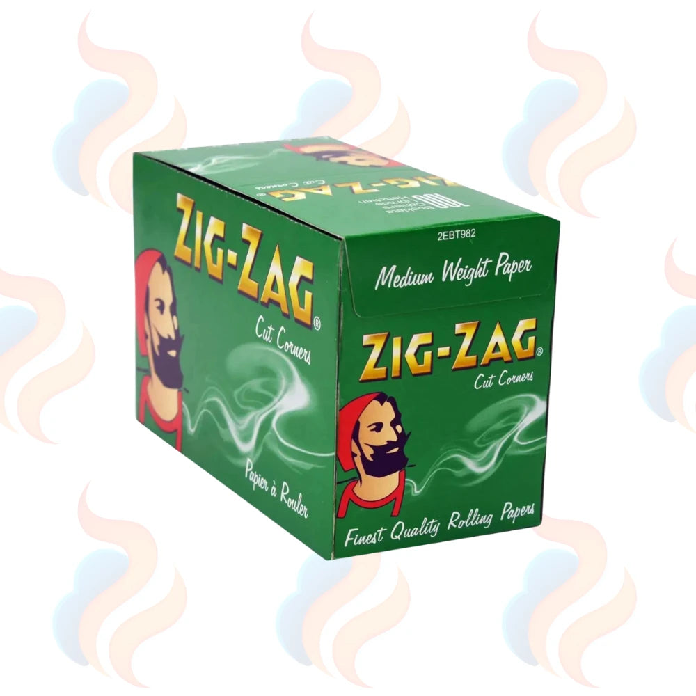 Box of Zig-Zag rolling papers with smoke graphics on a white background