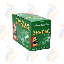 Box of Zig-Zag rolling papers with smoke graphics on a white background