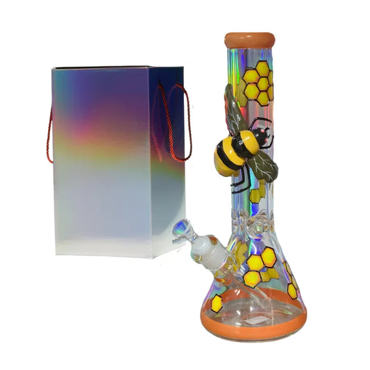 Glass bong with bee and flower designs on a white background