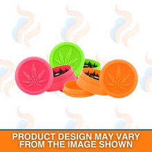 Colourful Soft Touch cannabis-themed plastic grinder with leaves on a white background