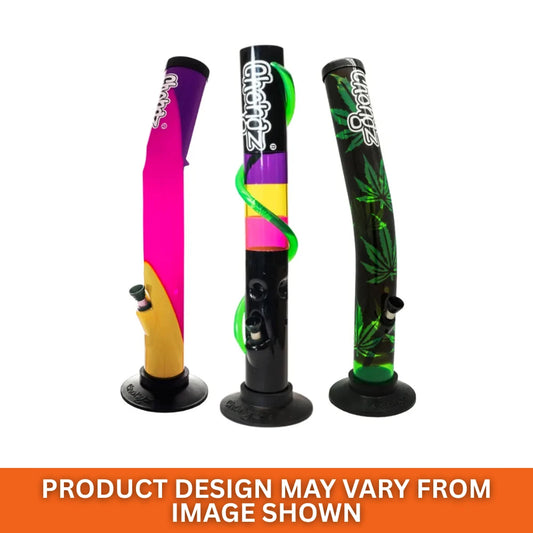 Three colourful Chongz 40cm waterpipes on a white background