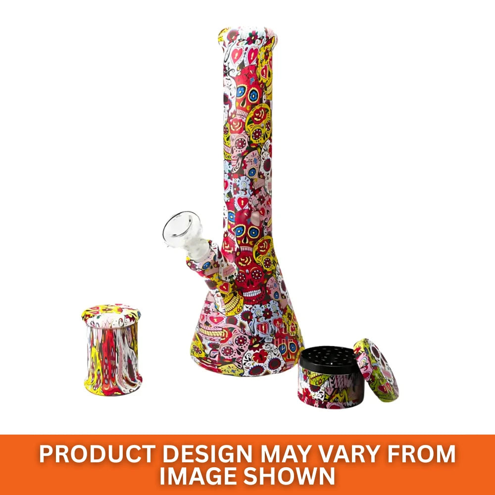 Colourful skull-patterned smoking accessory set on a white background