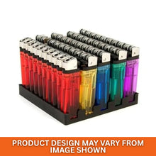 Set of 50 colourful flint lighters in a display case on a white background