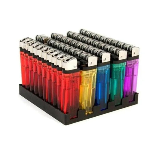 Set of 50 colourful flint lighters in a display case on a white background