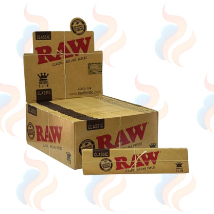 Box of 50 Raw rolling papers with smoke effects on a white background