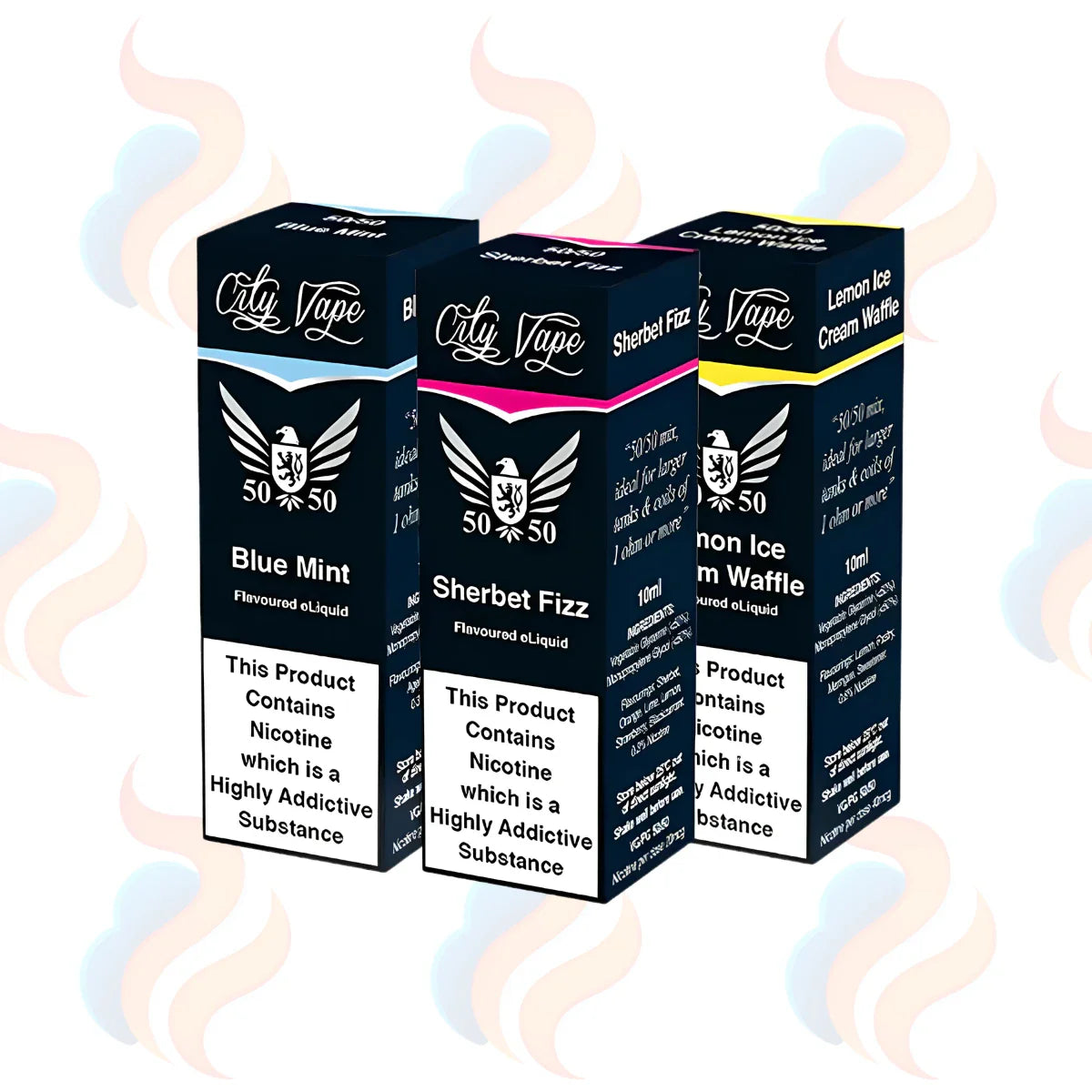 Three boxes of City Vape 50/50 freebase flavoured e-liquids in 6mg on a white background
