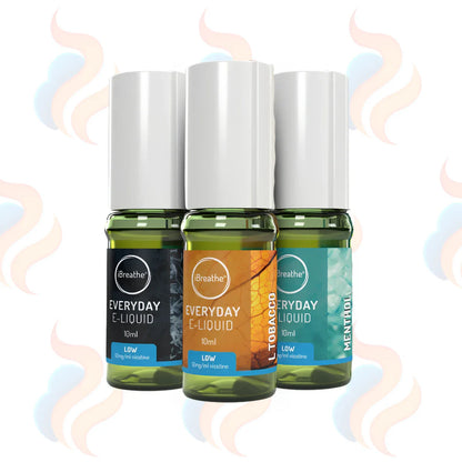 Three bottles of iBreathe everyday e-liquids in 6mg ultra low strength on a white background.