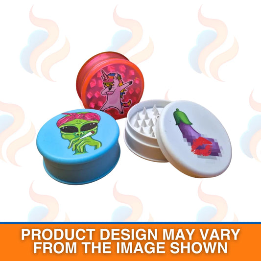 Colourful grinder with alien design on a white background