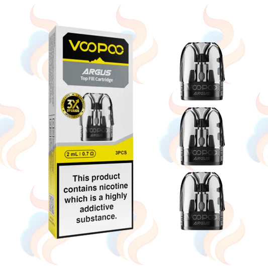 VOOPOO Argus top fill cartridge packaging with three cartridges on a white background.