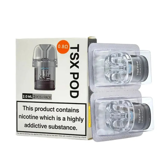 TSX Pod packaging with nicotine warning label on a white background