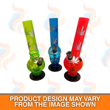 Three colorful glass bongs with leaf designs on a white background.