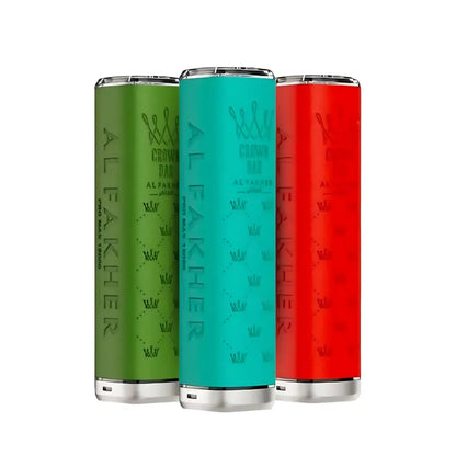 Three battery packs in green, blue, and red with 'ALFAKHER' branding on a white background.