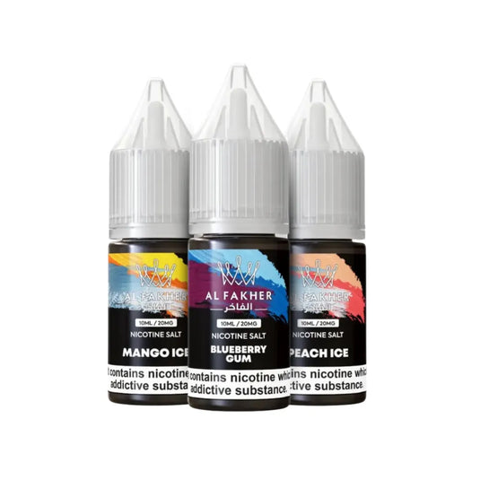 Three bottles of Al Fakher e-liquid with different flavors on a white background