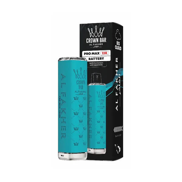 Turquoise vape battery with black packaging on a white background