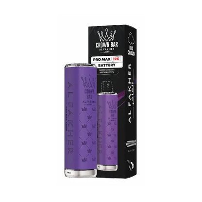 Purple vape battery with black packaging on a white background