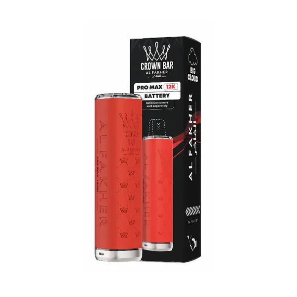Red vape battery with black packaging on a white background