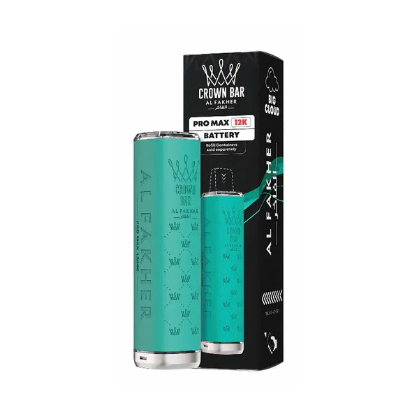 Turquoise vape battery with black packaging on a white background