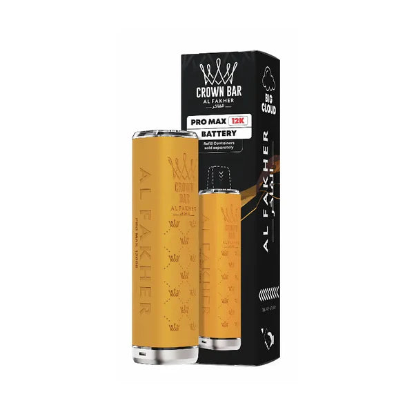yellow vape battery with a black box labeled 'Crown Bar Al Fakher' on a white background