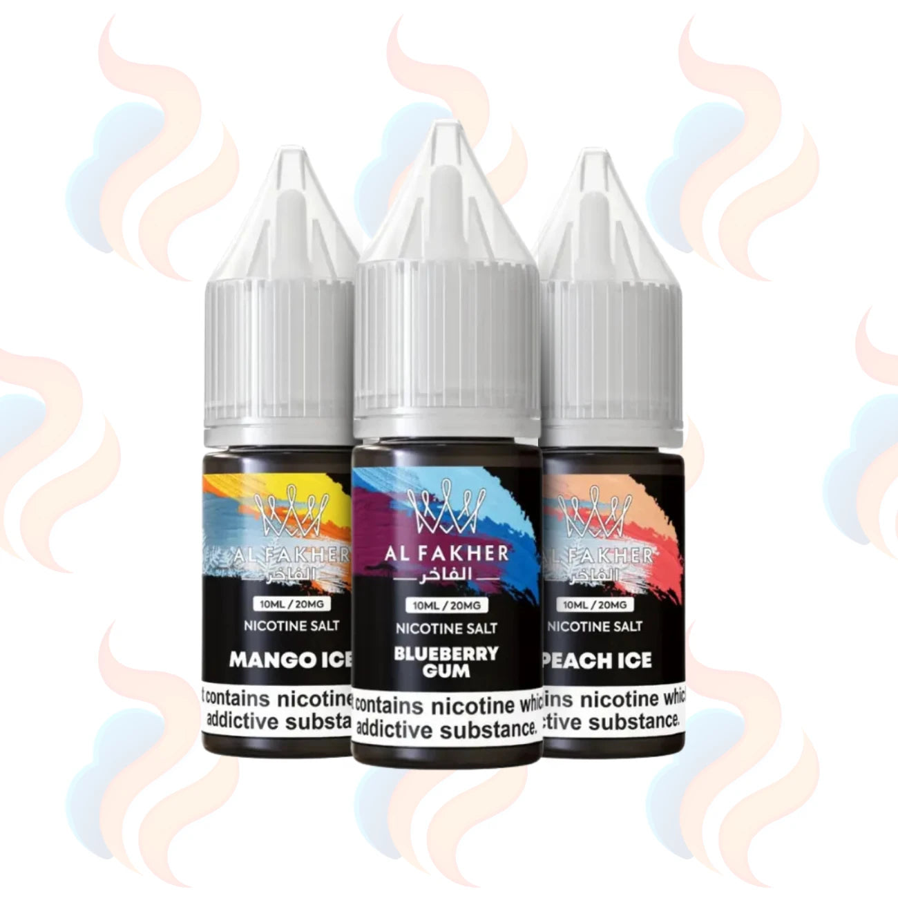 Three bottles of Al Fakher e-liquid with colourful labels on a white background.