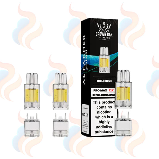 Three Al Fakher Crown Bar Pro Max refill pods beside packaging on a white background