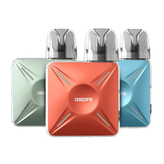 Three Aspire vape devices in green, orange, and blue on a white background