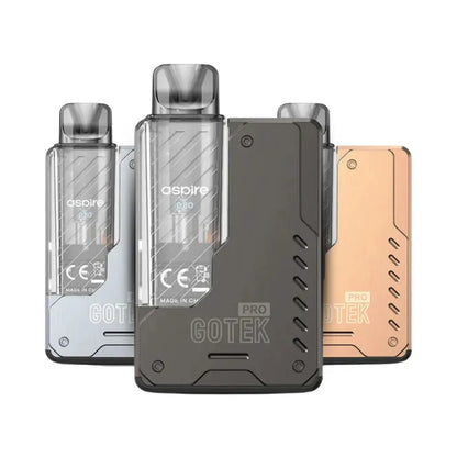 Three Aspire Gotek Pro vaping devices in different colors on a white background