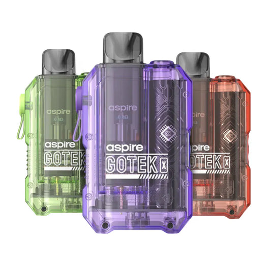 Three Aspire Gotek vape devices in different colors on a white background