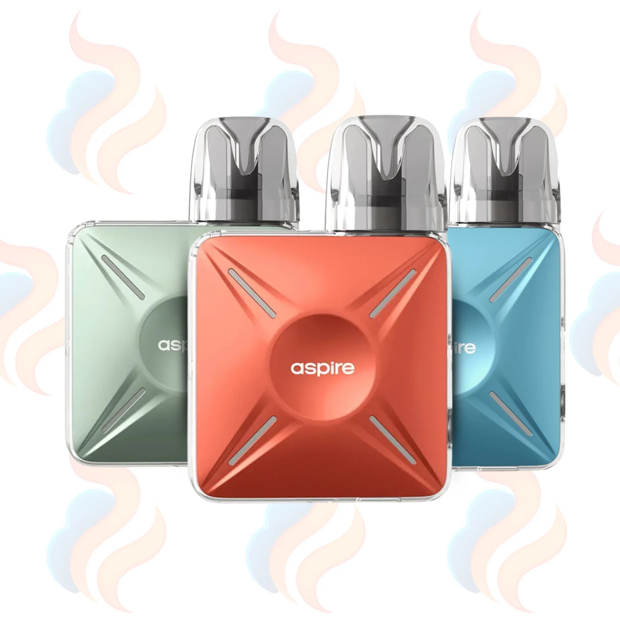 Three Aspire vape devices in green, orange, and blue on a white background with smoke effects.