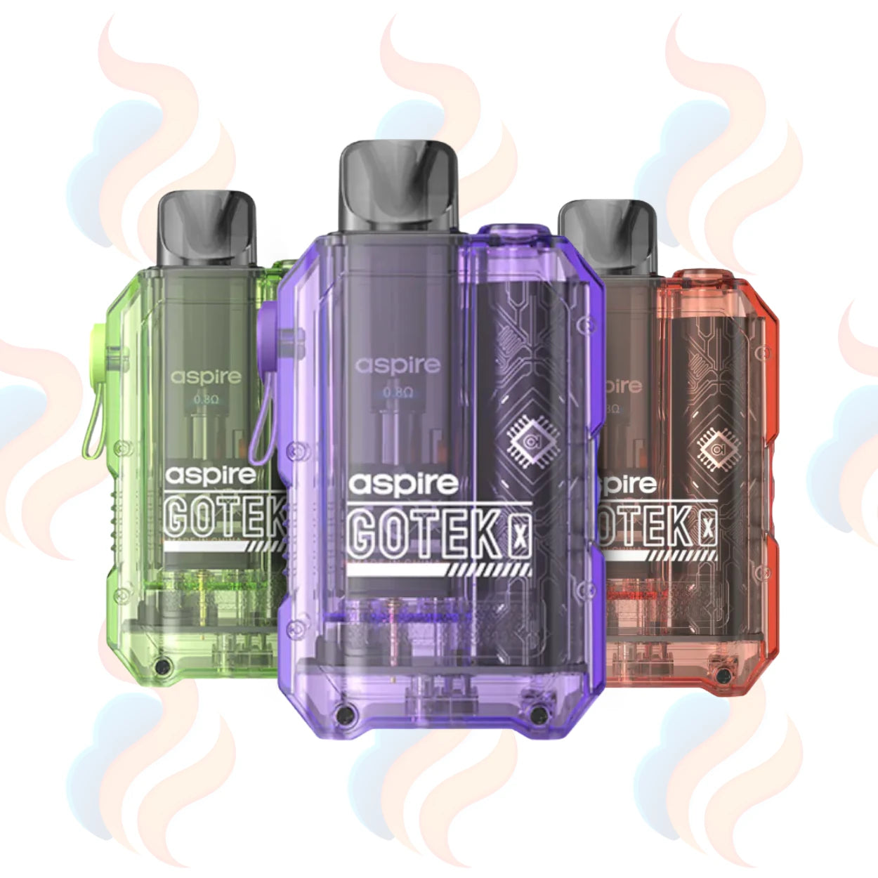 Three Aspire Gotek vape devices in green, purple, and orange on a white background with smoke effects.