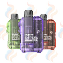 Three Aspire Gotek vape devices in green, purple, and orange on a white background with smoke effects.