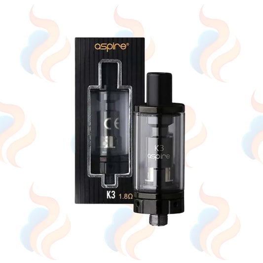 Aspire K3 vaping device with packaging on a white background with decorative smoke effects.