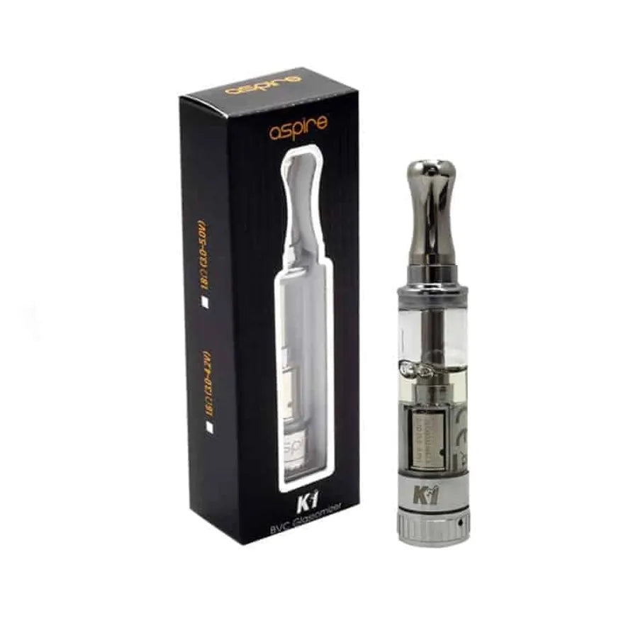 Aspire K2 tank next to its packaging on a white background