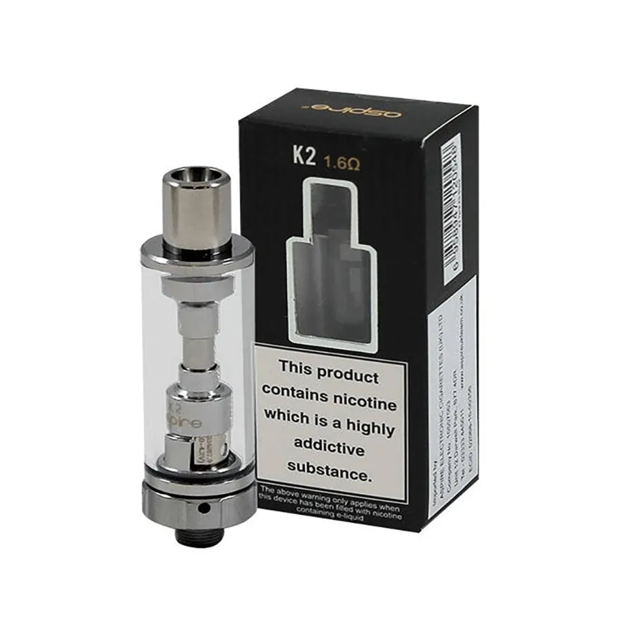 Aspire K2 Tank and packaging with nicotine warning label on a white background