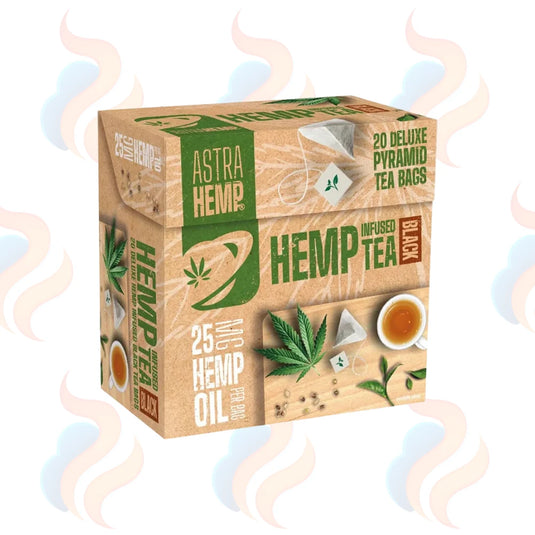 Box of Astra Hemp Infused Hemp Tea with tea bags and tea leaves on a white background