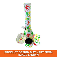 Bong and accessories with colourful leaf pattern on a white background