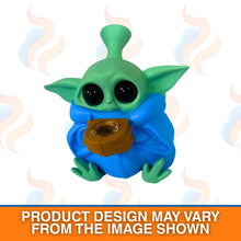 Toy figure resembling a character with green head and blue body, holding a brown object on a white background.