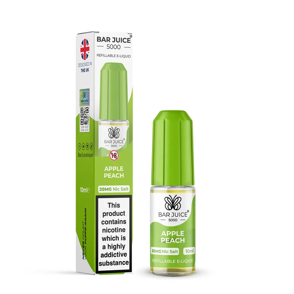 Bar Juice 5000 Apple Peach e-liquid bottle and packaging on a white background