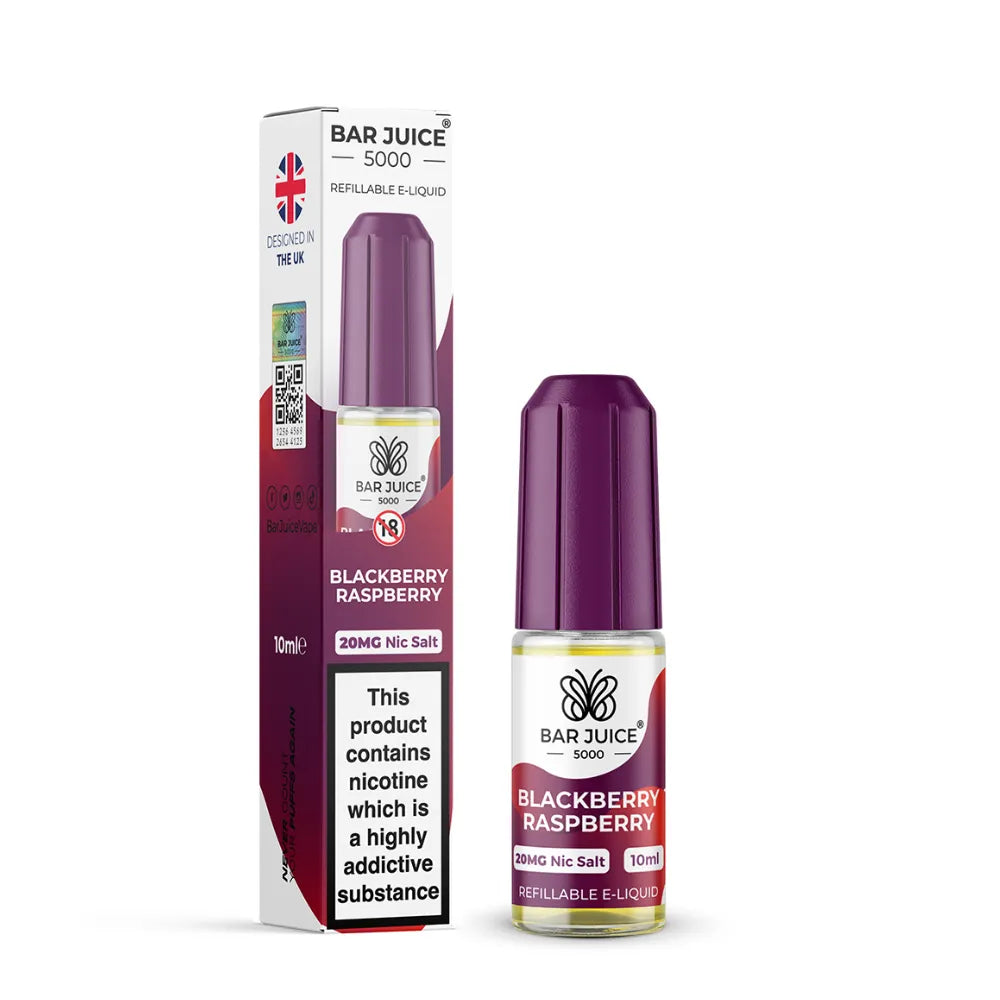 Bar Juice 5000 Blackberry Raspberry vape juice bottle and packaging on a white background