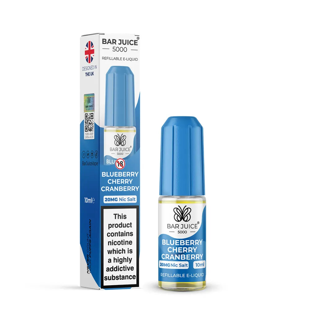 Bar Juice Blueberry Cherry Cranberry e-liquid bottle and packaging on a white background