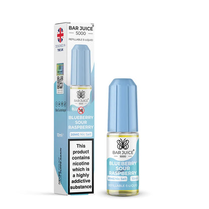 Bar Juice 5000 Blueberry Sour Raspberry e-liquid bottle and packaging on a white background