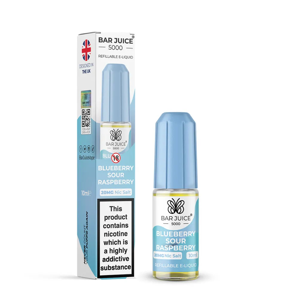 Bar Juice 5000 Blueberry Sour Raspberry e-liquid bottle and packaging on a white background