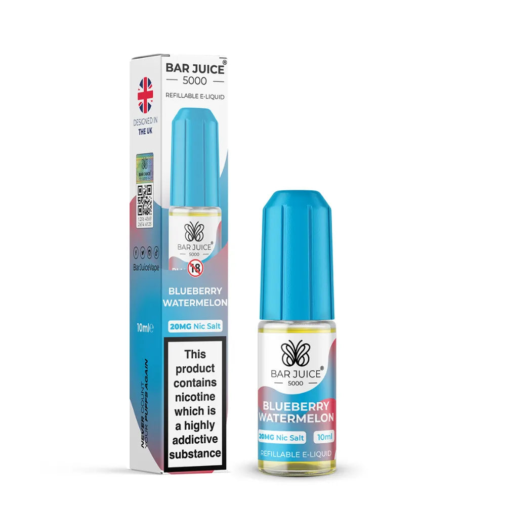 Bar Juice 5000 Blueberry Watermelon e-liquid bottle and packaging on a white background