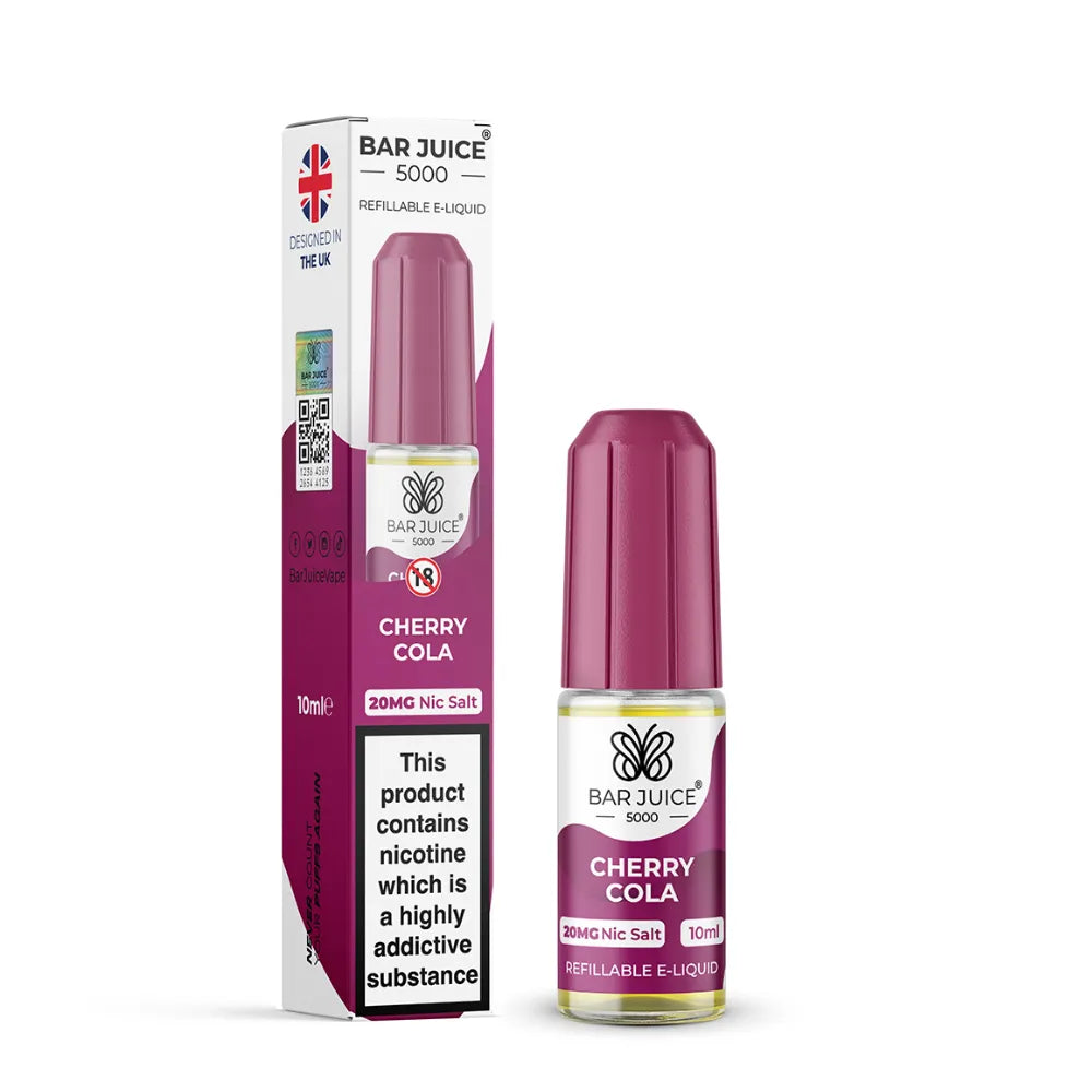 Bar Juice Cherry Cola e-liquid bottle and packaging on a white background