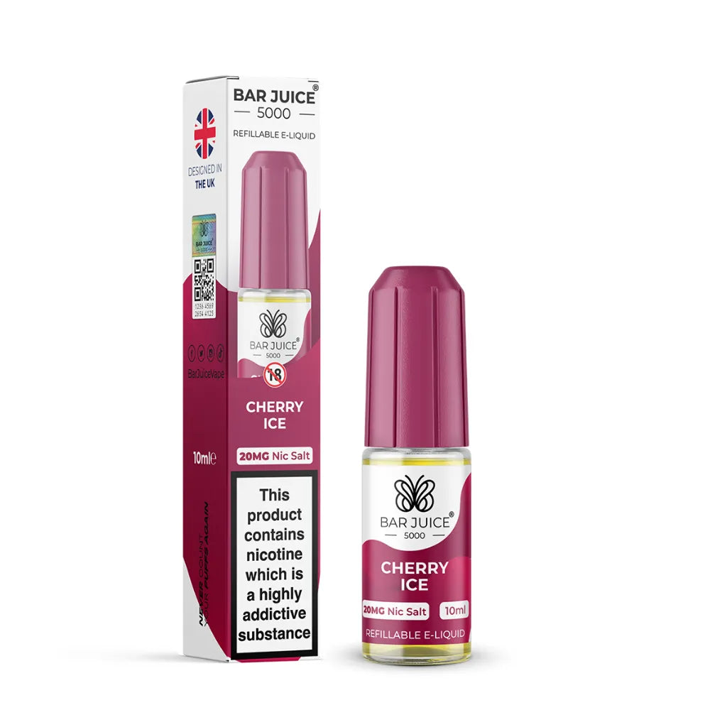 Bar Juice 5000 Cherry Ice e-liquid bottle and packaging on a white background