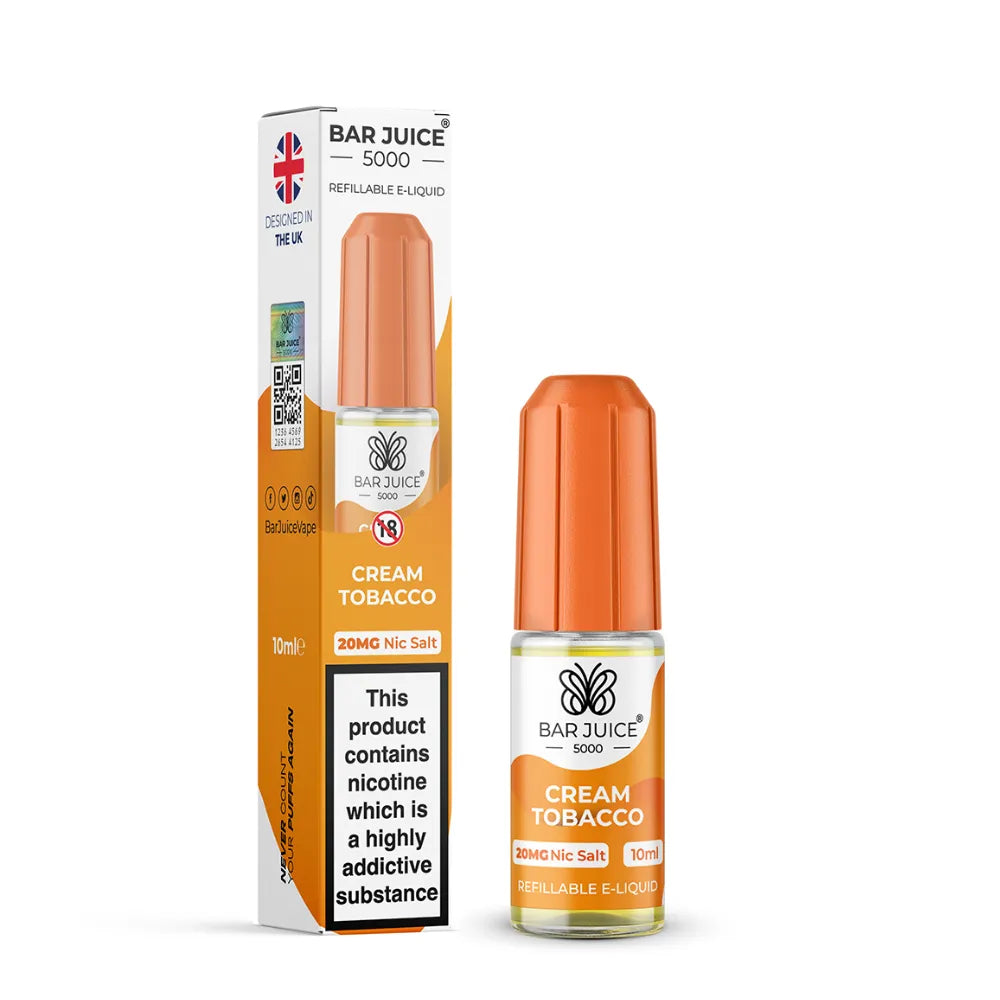 Bar Juice 5000 Cream Tobacco e-liquid bottle and packaging on a white background