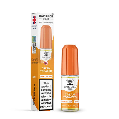 Bar Juice 5000 Cream Tobacco e-liquid bottle and packaging on a white background
