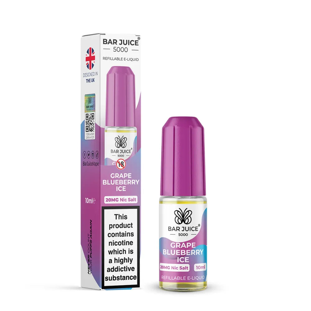 Bar Juice 5000 Grape Blueberry Ice vape juice bottle and packaging on a white background