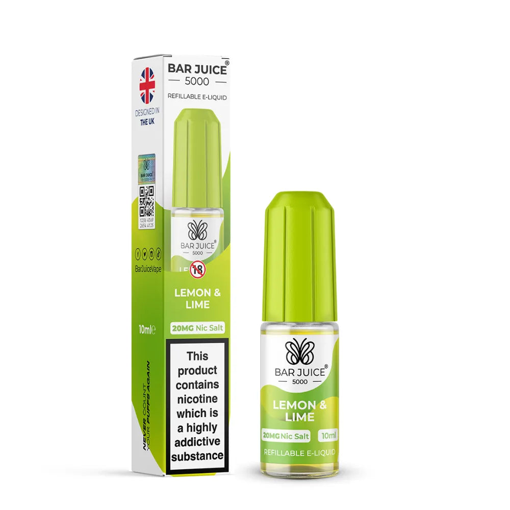 Bar Juice 5000 Lemon & Lime e-liquid bottle and packaging on a white background