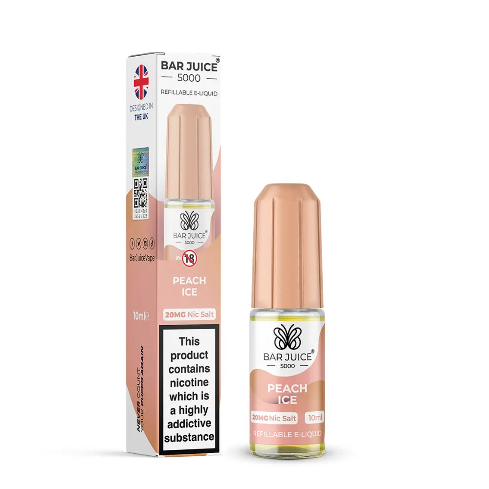 Bar Juice 5000 Peach Ice e-liquid bottle and packaging on a white background