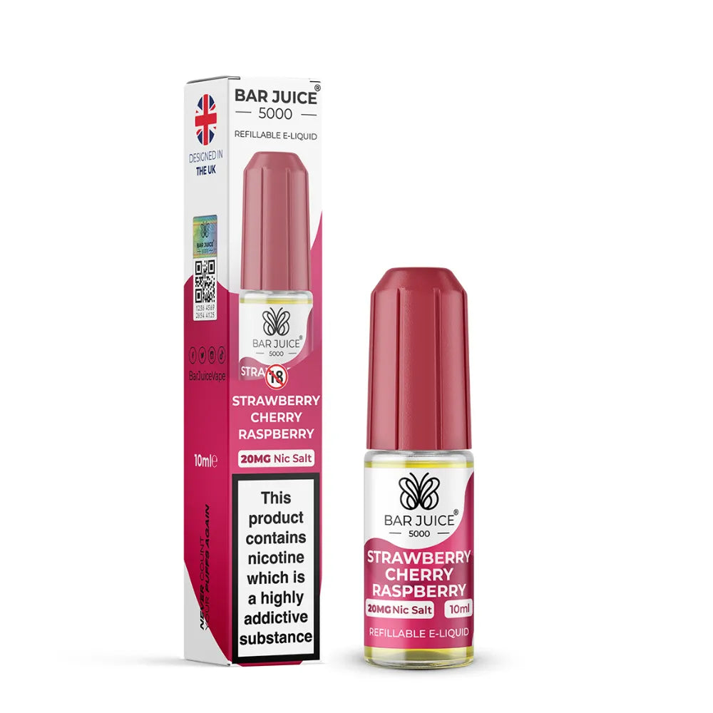 Bar Juice Strawberry Cherry Raspberry e-liquid bottle and packaging on a white background